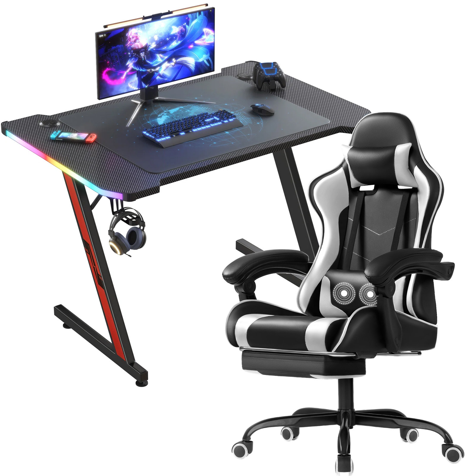 Inbox Zero Black carbon fiber Z-shaped gaming table combined